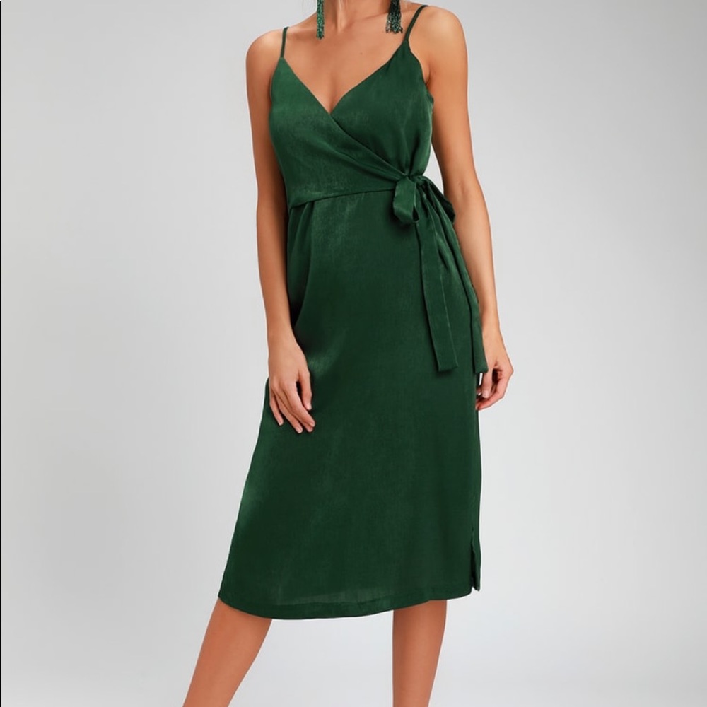 Fall In Love Forest Green Satin Midi Wrap Dress